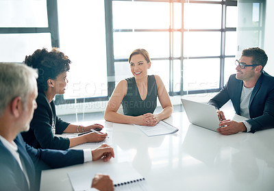 Buy stock photo Business people in meeting, collaboration and planning with project management, laptop and paperwork in conference room. Diversity, happy with teamwork and men with women in strategy discussion