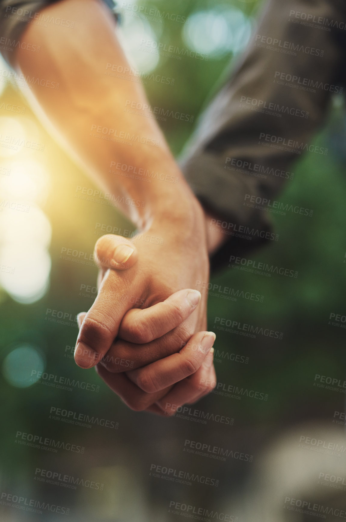 Buy stock photo Couple, love and holding hands in nature with care, support and safety, trust and bonding in forest together. Travel, date and people in countryside for field adventure, journey or anniversary trip