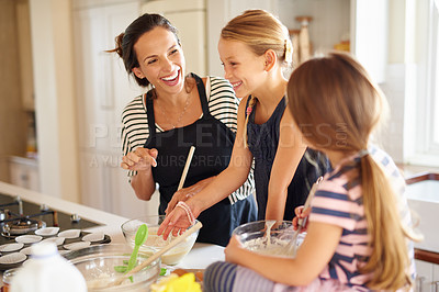 Buy stock photo Mom, happy family or children baking in kitchen with siblings learning cookies recipe or mixing pastry at home. Laughing, funny or mother helping or teaching kids to bake together for cooking skills