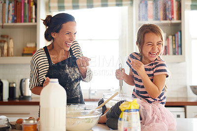 Buy stock photo Mother, play or child baking in kitchen as a happy family with an excited girl learning cookies recipe. Cake, daughter laughing or funny mom helping or teaching kid to bake with smile for development