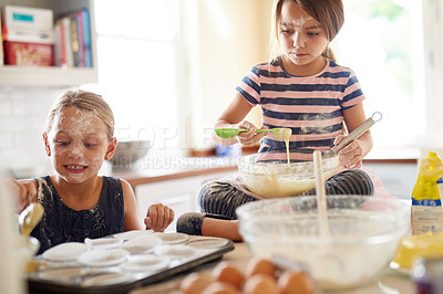 Buy stock photo Learning, playing or messy children baking in kitchen with siblings mixing flour in bowl at home together. Smile, happy or dirty kids cooking or teaching a fun daughter to bake for child development 
