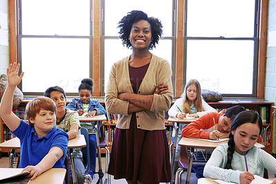 Buy stock photo Portrait, student question and black woman teacher in classroom or middle school. Education, arms crossed or boy raising hand to answer questions, studying or learning help with happy female educator