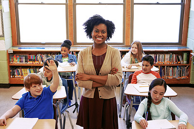 Buy stock photo Portrait, teacher and education with a black woman in a classroom, standing arms crossed with her students. School, learning or study with a female educator in a class with a boy and girl pupils