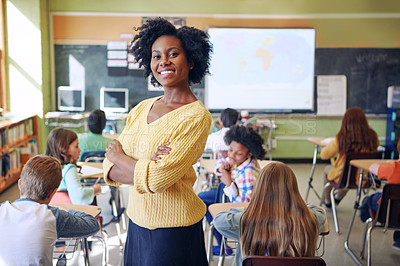 Buy stock photo Portrait, black woman and teacher with arms crossed, students or happiness in a classroom. Face, female educator or employee with children, smile or education with knowledge, learners and development
