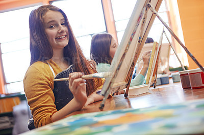 Buy stock photo Portrait of a young schoolgirl in an art class