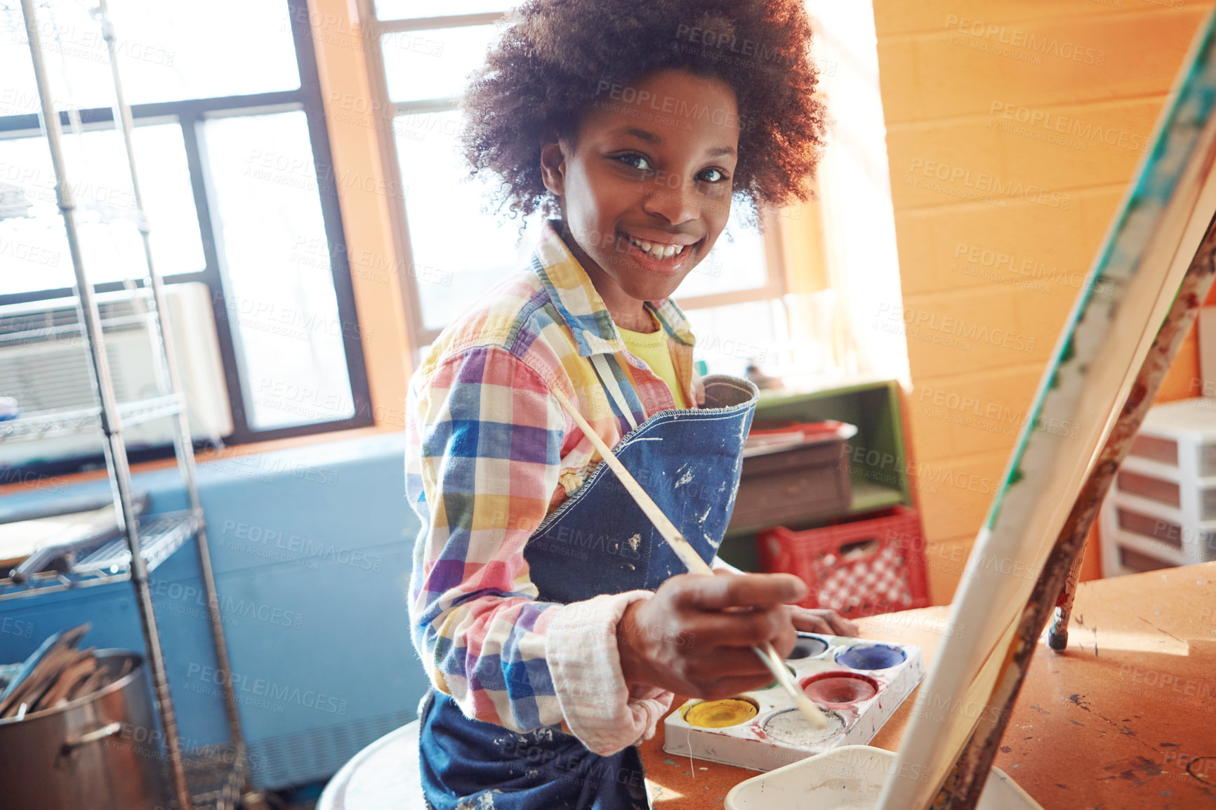 Buy stock photo Portrait of a young schoolgirl in an art class