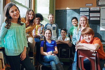 Buy stock photo School, children and classroom portrait of diversity students together to learn and study. Happy boy and girl group in class while learning for future education, knowledge development and growth