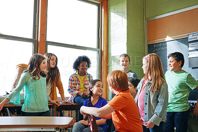 Buy stock photo School, children and students talking in a classroom to learn, and study for knowledge and education. Diversity boy and girl group in class learning for future, development and growth at discussion