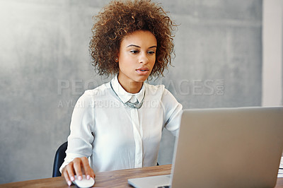 Buy stock photo Woman, working and creative office with laptop, online and project research in workplace or web designer on tech. Internet, connection and blog or reading email for report, professional and company