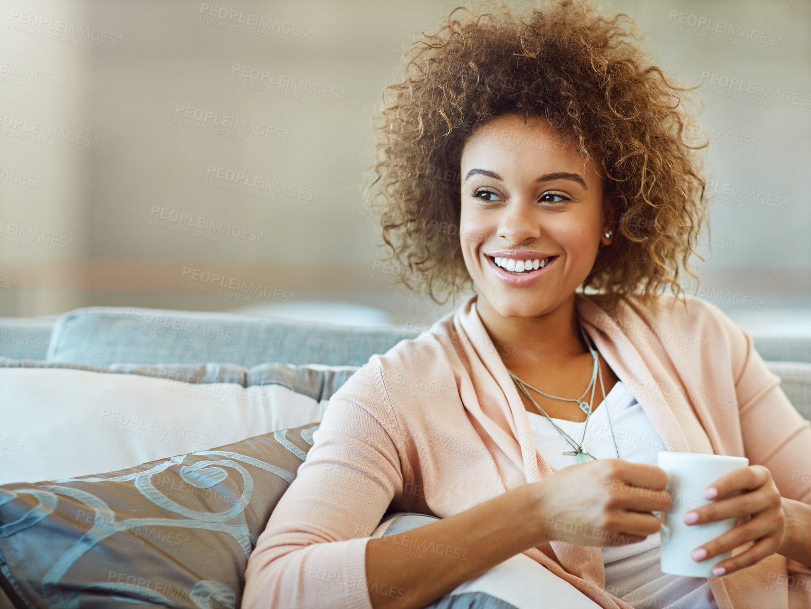 Buy stock photo Thinking, relax and woman with coffee, smile and confident in living room, weekend and break in morning. Calm, proud and happy person in lounge, rest and peace in apartment, chilling and joy in home