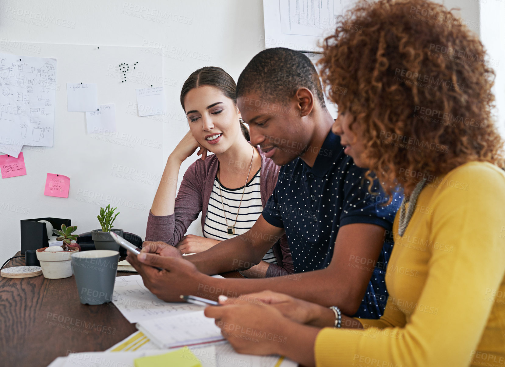 Buy stock photo People, tablet and project at meeting, startup and group for review, research or synergy for planning. Women, man and team with diversity, app and notes for brainstorming process at creative agency