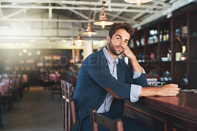 Buy stock photo Portrait, relax and business with man, bar and sitting with break and alcohol establishment. Face, person and guy with vacation and peace with entrepreneur and patience with fashion and counter
