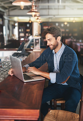 Buy stock photo Business owner, smile and man with laptop in restaurant for stock, update or communication with supplier. Male person, pub and happy with technology for planning, market research and information