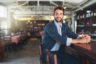 Buy stock photo Portrait, happy and business with man, pub and sitting with break and alcohol establishment. Face, person and guy with peace and relax with entrepreneur and patience with fashion, casual and counter