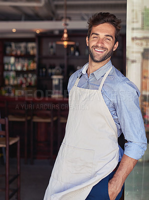 Buy stock photo Industry, smile and portrait of waiter in coffee shop with confidence for hospitality career. Happy, pride and male barista standing with positive attitude in restaurant or cafe for food service.