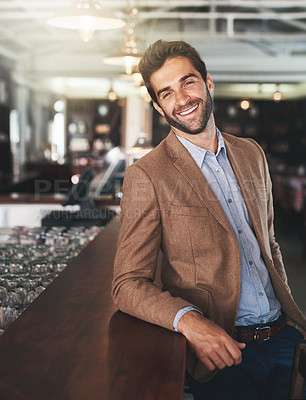 Buy stock photo Portrait, man and small business of alcohol, pub and smile of entrepreneur, happiness and joy for shop. Startup, tavern and store for beer, person and owner of bar, confidence and pride for retail