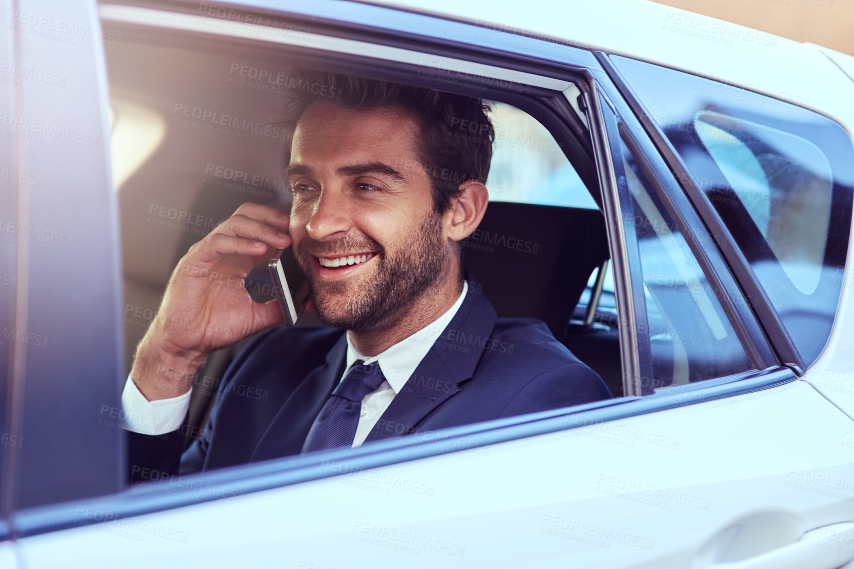 Buy stock photo Phone call, journey and business man in car, talking and speaking to contact. Cellphone, taxi and male professional calling, smile and communication, discussion or conversation in travel transport.