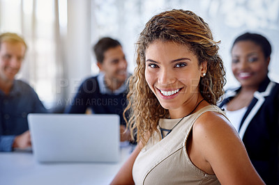 Buy stock photo Meeting, face and woman in project, happy and proud of teamwork in boardroom, laptop and confident in company. Business, auditor and person in workplace, professional and portrait of employee