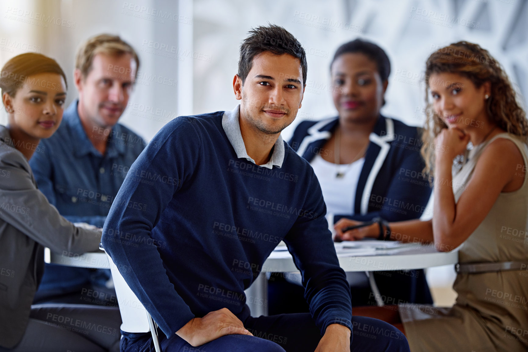 Buy stock photo Meeting, portrait and man in business, group and proud of teamwork for project, growth and collaboration for sales. Boardroom, auditor and person in workplace, professional and face of employee