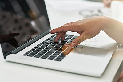 Buy stock photo Office, laptop and hands of person typing for business research, internet and website for online project. Professional, screen and worker on computer for planning, writing proposal and search