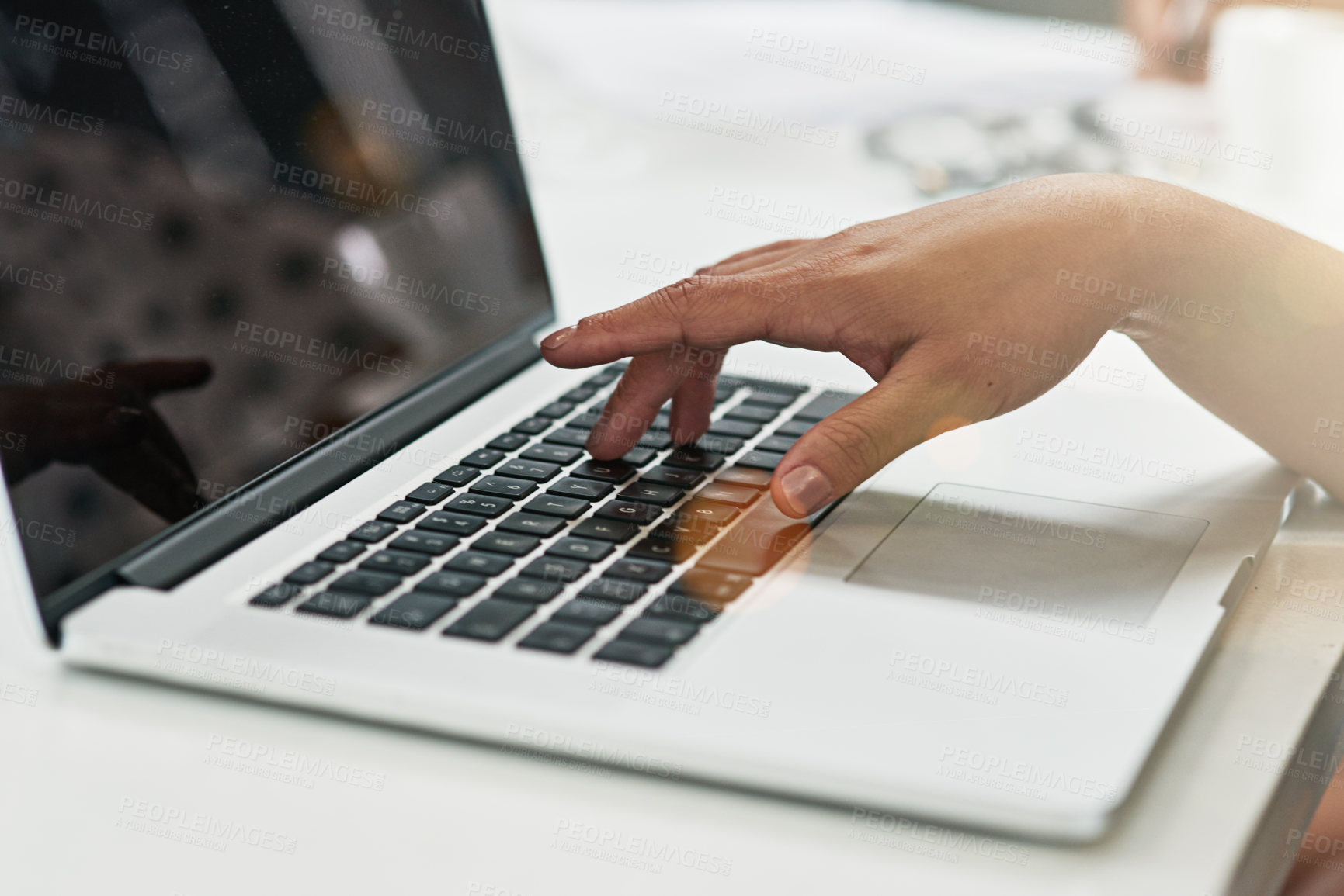 Buy stock photo Office, laptop and hands of person typing for business research, internet and website for online project. Professional, screen and worker on computer for planning, writing proposal and search