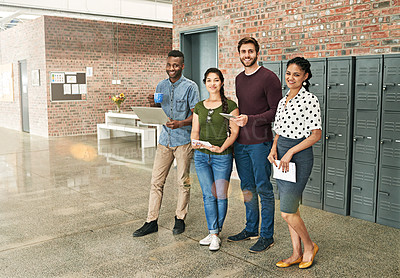 Buy stock photo Portrait of a team of colleagues working together in a modern office