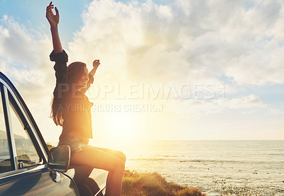 Buy stock photo Travel, sunset and happy woman on car at beach road trip, journey and summer holiday celebration. Celebrate, freedom and retro or vintage girl on outdoor vacation, parking and nature drive by ocean