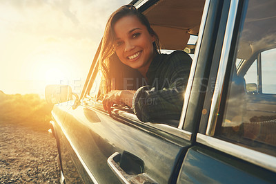 Buy stock photo Portrait, travel and road trip with a black woman in a car at sunset during summer vacation or holiday. Nature, window and drive with an attractive young female sitting in transport for adventure