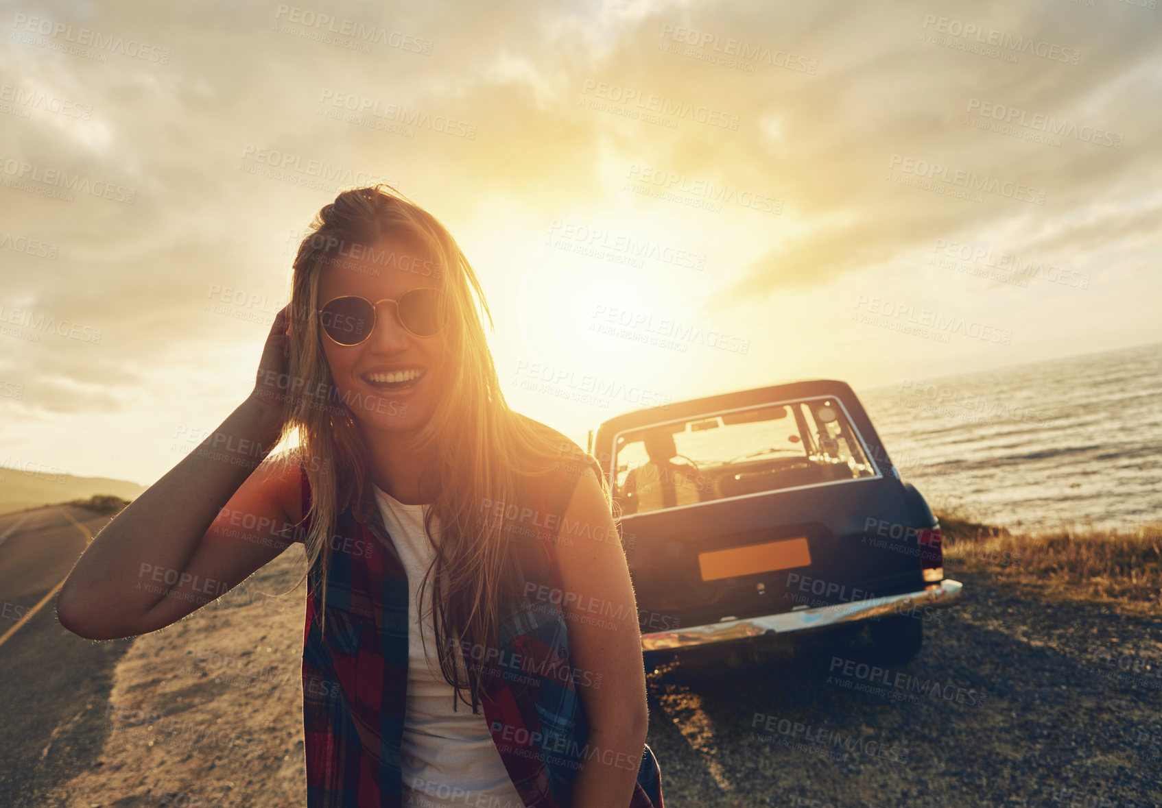 Buy stock photo Happy woman, portrait and beach sunset with road trip for travel, summer holiday or journey in nature. Female person, tourist or vacation stop with smile, car or vehicle for adventure by ocean coast