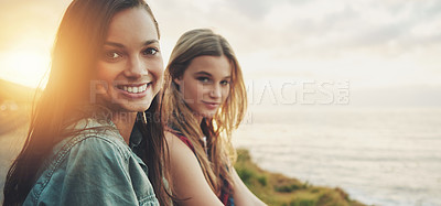 Buy stock photo Friends at sunset, women at the beach with travel and adventure portrait, outdoor with nature and sea holiday. Road trip mockup, freedom and gen z youth on summer vacation, happiness with lens flare