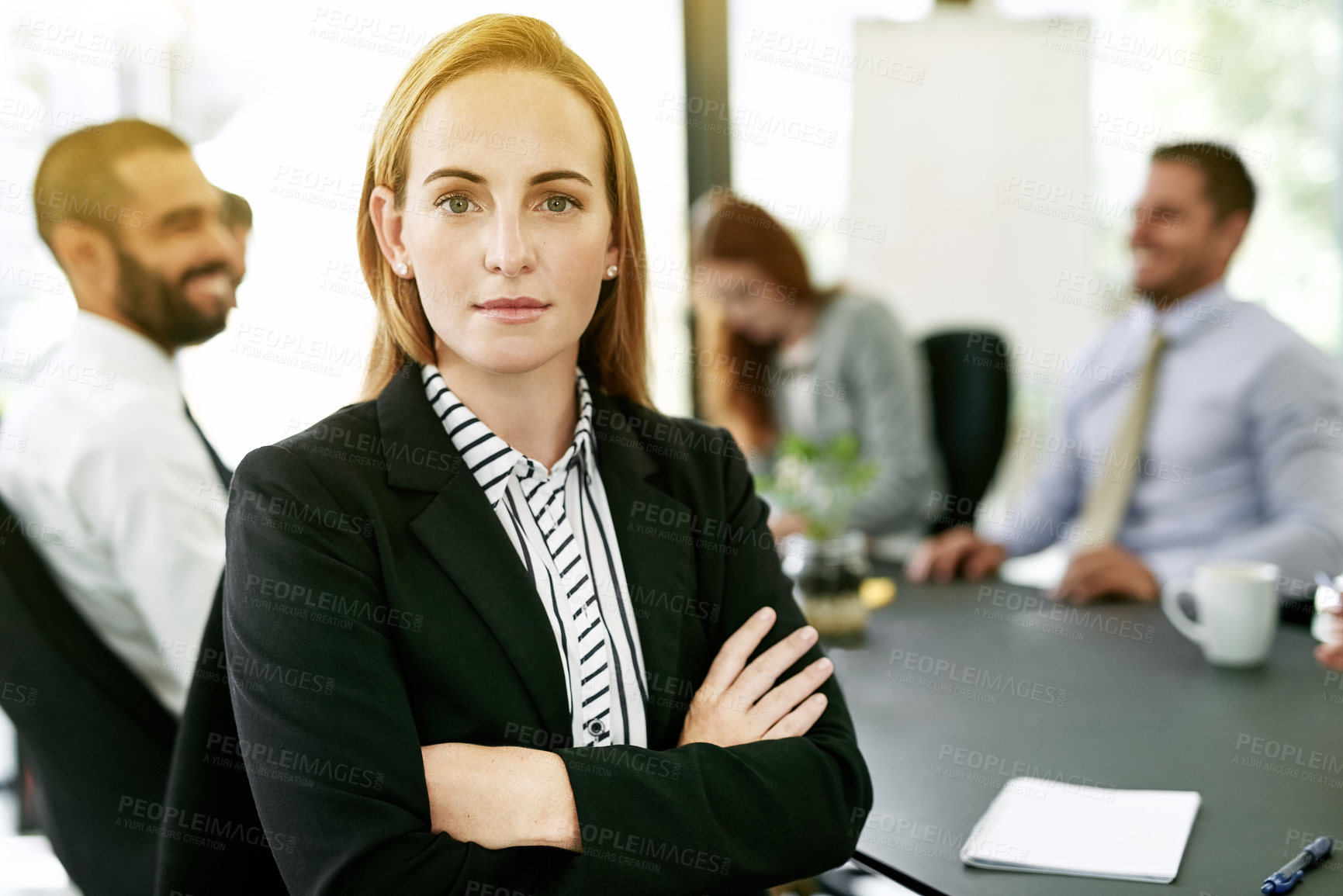 Buy stock photo Arms crossed, portrait and serious with business woman in boardroom of office for meeting or planning, Confident, face and leadership with corporate employee in agency workplace for collaboration