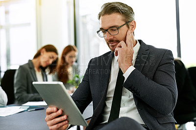 Buy stock photo Thinking, digital report and tablet for businessman in meeting for presentation, future growth and investment. Management, goals and project with man employee working with review, vision or idea