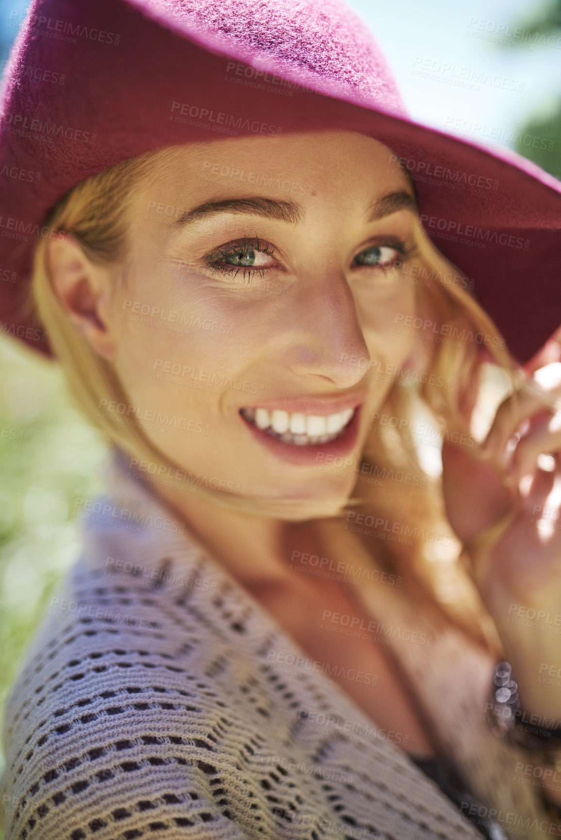 Buy stock photo Hat, fun and portrait of woman in nature for national park tour on vacation, getaway or adventure. Happy, outdoor and female person in field for sightseeing journey on weekend trip in Australia.