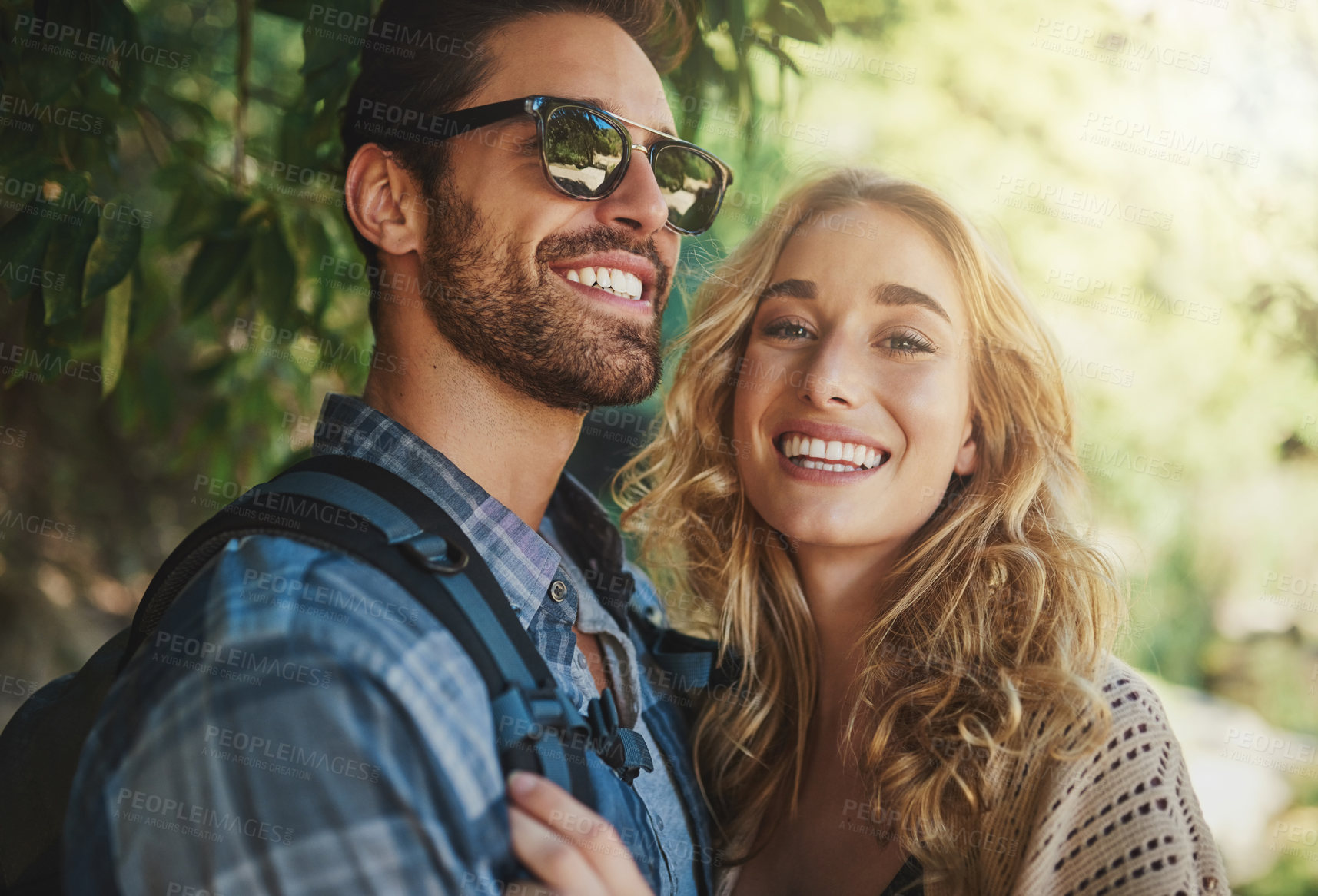 Buy stock photo Couple, outdoor and happy with hike in forest to explore nature with bonding and care in Thailand. People, relationship and smile in woods on trip or journey for holiday, travel and adventure