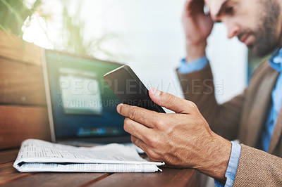 Buy stock photo Closeup, man and smartphone with cafe, laptop and business for remote work recruitment. Job seeker, coffee shop and technology waiting for confirmation, hiring or networking startup for online career