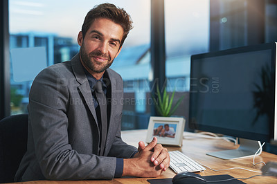 Buy stock photo Portrait, happy and business with man at desk, professional and stock market with computer and trading. Face, person and employee with pc and relax with investment and broker with accounting and calm
