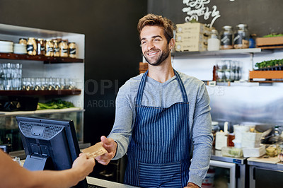 Buy stock photo Barista, payment and customer with credit card at cafe, restaurant and hand at small business startup. Smile, service and retail purchase of cashier for shopping, finance and sales of man with money