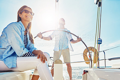 Buy stock photo Sea, happy and couple on boat for view, vacation or holiday with love or adventure in Greece. Smile, thinking and people on yacht in ocean to relax for tropical honeymoon travel or anniversary trip