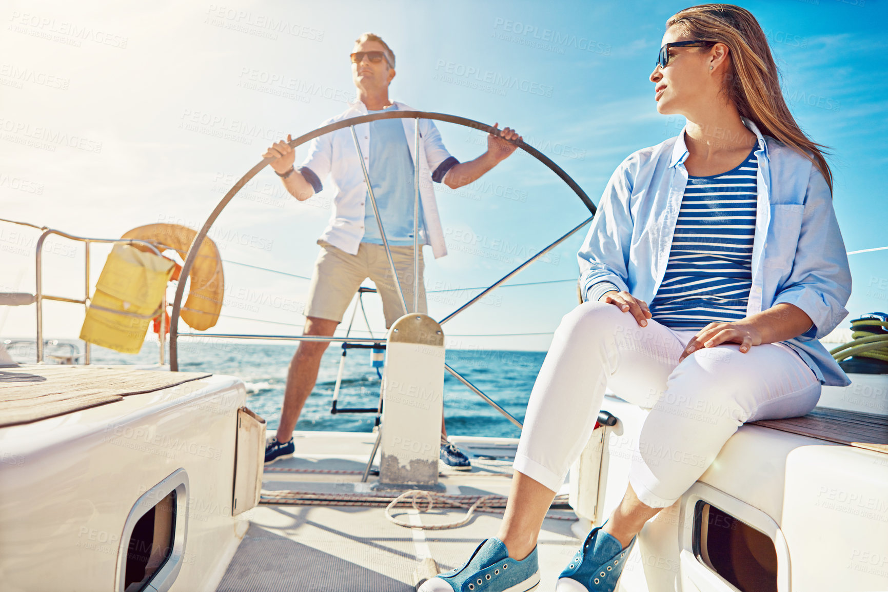 Buy stock photo Relax, travel and luxury with couple on yacht for summer, love and sunset on Rome vacation trip. Adventure, journey and man and woman sailing on boat for ocean, tropical and honeymoon at sea