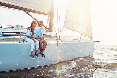 Buy stock photo Happy couple, ship and cruise for hug, ocean or summer sunshine for love, romance or outdoor adventure. Man, yacht and woman with waves, bonding or peace for luxury, lifestyle and travel for holiday