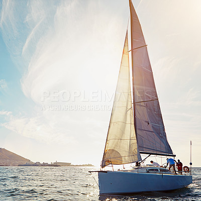 Buy stock photo Ocean, yacht travel and sailing on the sea on vacation by summer sunshine on water. Lens flare, luxury holiday adventure and boat cruise of people in the sun and blue sky in nature with mockup