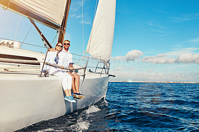 Buy stock photo Sea, portrait and mature couple on a yacht for adventure, holiday freedom and sailing trip. Travel, summer and man and woman with sunglasses on a boat in ocean for romantic seaside holiday in Greece.