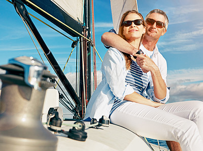 Buy stock photo Ocean, travel or couple on boat for holiday, view or vacation with love, ideas or adventure in Greece. Thinking, mature or people on yacht at sea to relax for tropical honeymoon trip or anniversary