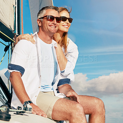 Buy stock photo Couple sailing on yacht, adventure and travel, vacation with sea view, love and commitment with blue sky. Man, woman and happiness, marriage and honeymoon in Italy with summer holiday outdoor
