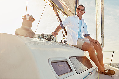 Buy stock photo Summer, holiday and man on a yacht for sailing, nature adventure and ocean cruise in Italy. Relax, happy and person on a luxury boat for outdoor zen, vacation and happiness on the water with a smile