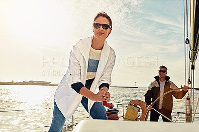 Buy stock photo Sailing, yacht and couple with teamwork for vacation, adventure or holiday hobby with summer ocean and wind. Sailor, winch and luxury ship with travel, trip and journey for sea cruise and navigation