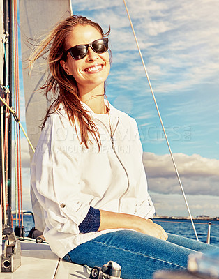 Buy stock photo Mature, happy woman or yacht sunglasses on ocean, sea or water lake for relax holiday, vacation or Greece summer Smile, tourist or luxury sailing boat for retirement freedom or nature travel location