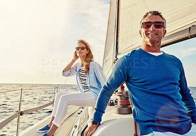Buy stock photo Mature couple, people or sailing yacht bonding on ocean, sea or water in relax holiday, vacation or summer adventure. Smile, happy man or woman on luxury boat in retirement travel location or freedom