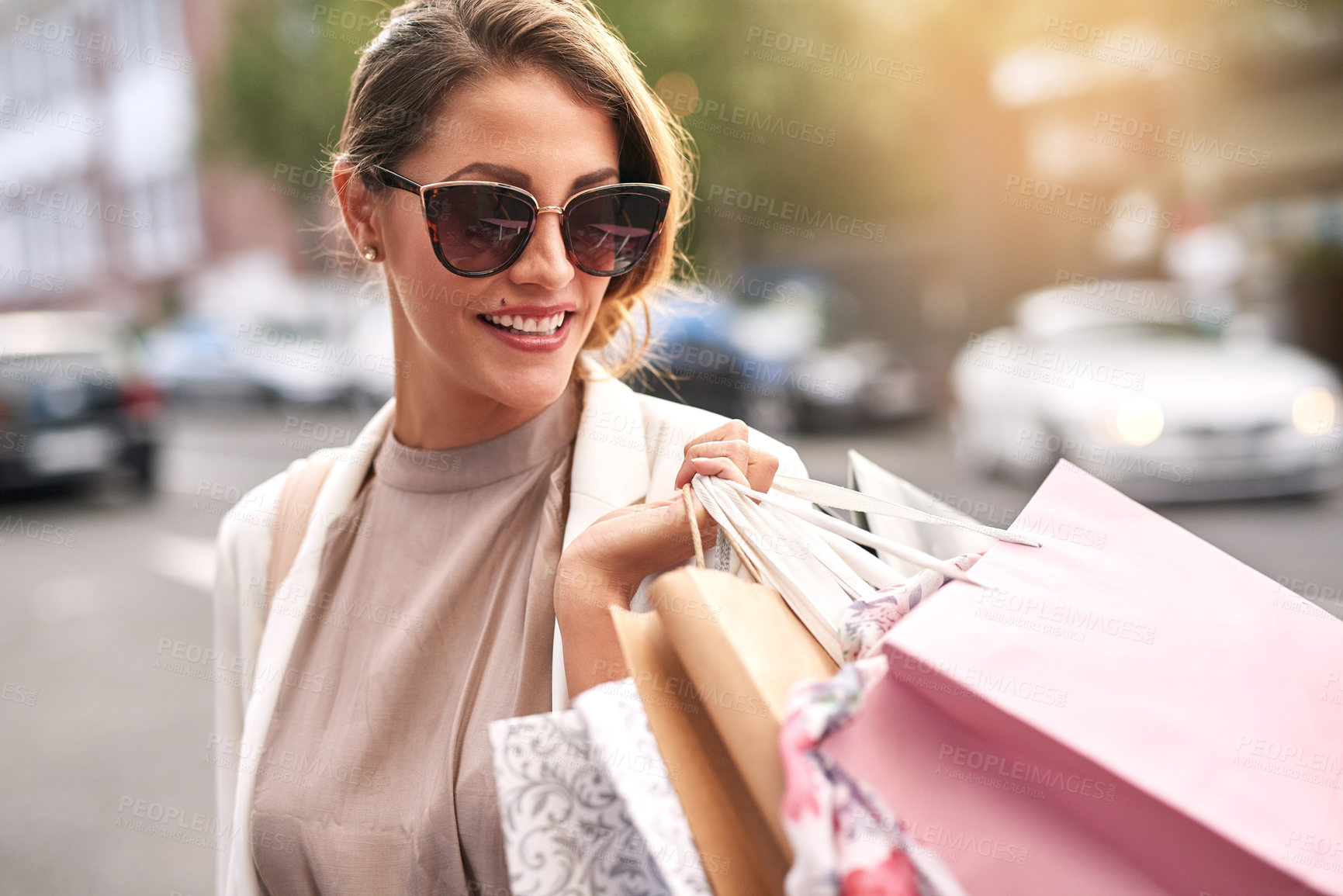 Buy stock photo Fashion, shopping bag or rich girl in city or urban street for boutique retail sale or clothes discount deals. Sunglasses, financial freedom or trendy customer walking on road with luxury products