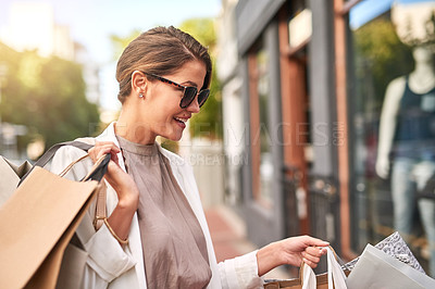Buy stock photo Fashion, shopping bag or happy rich woman in city walking on urban street for boutique retail sale or clothes. Sunglasses, financial freedom or girl customer on road searching for luxury products